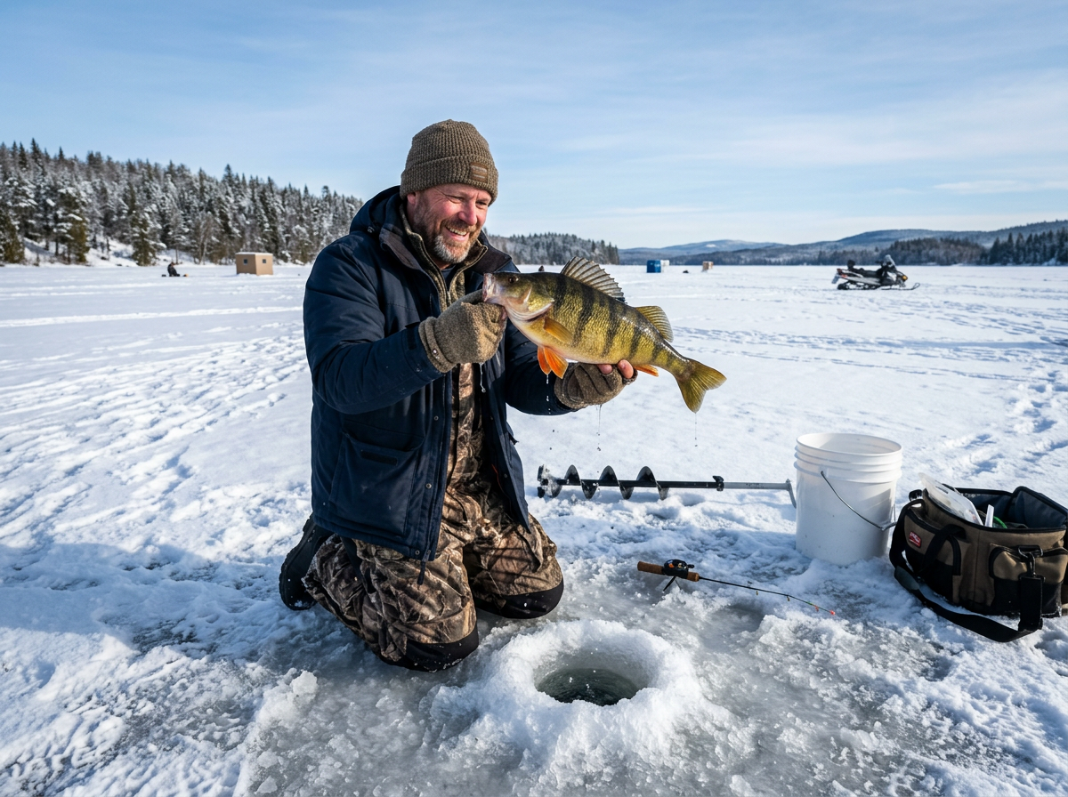 Fisherman holding a big perch caught through ice