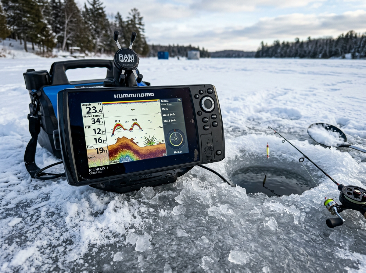 Fish finder sonar device on ice