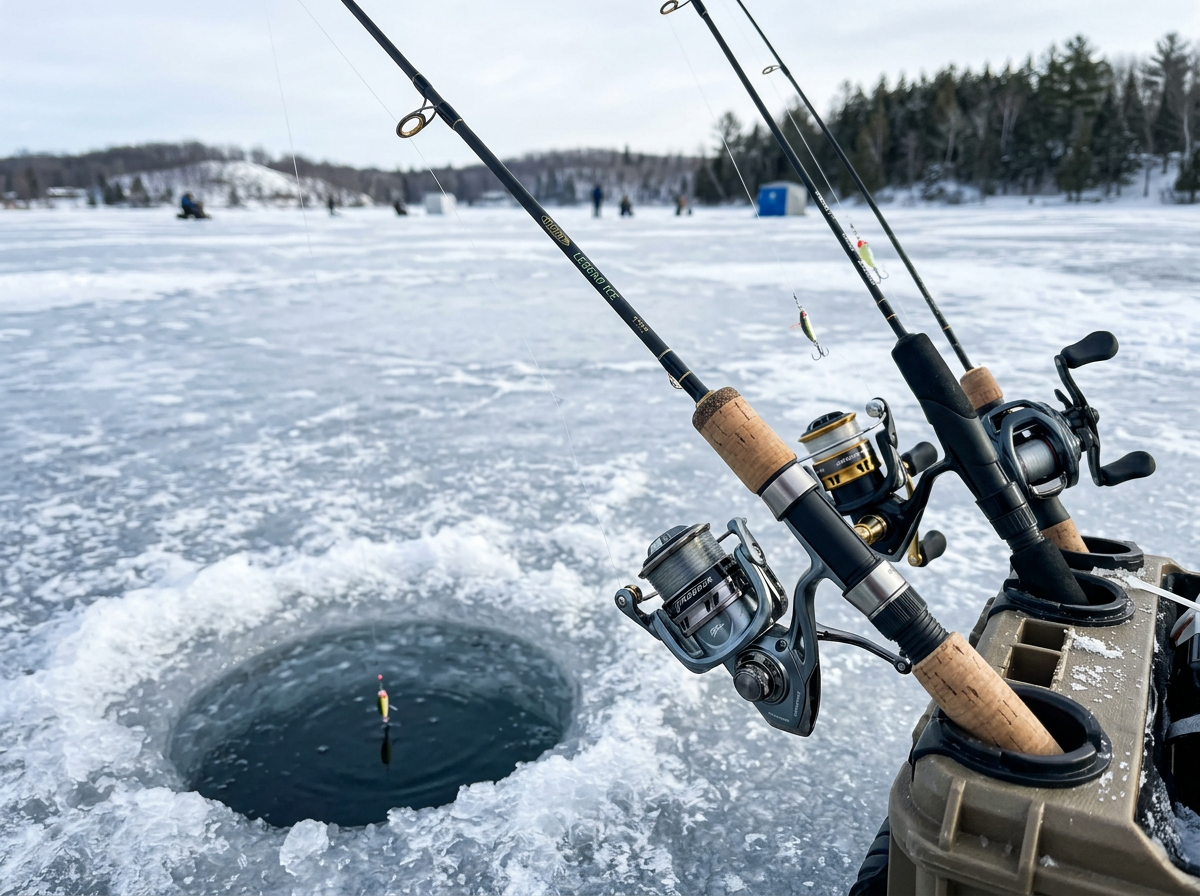 Ice fishing rods set up by hole
