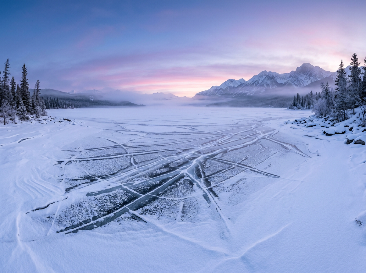 Panoramic view of frozen lake at dawn