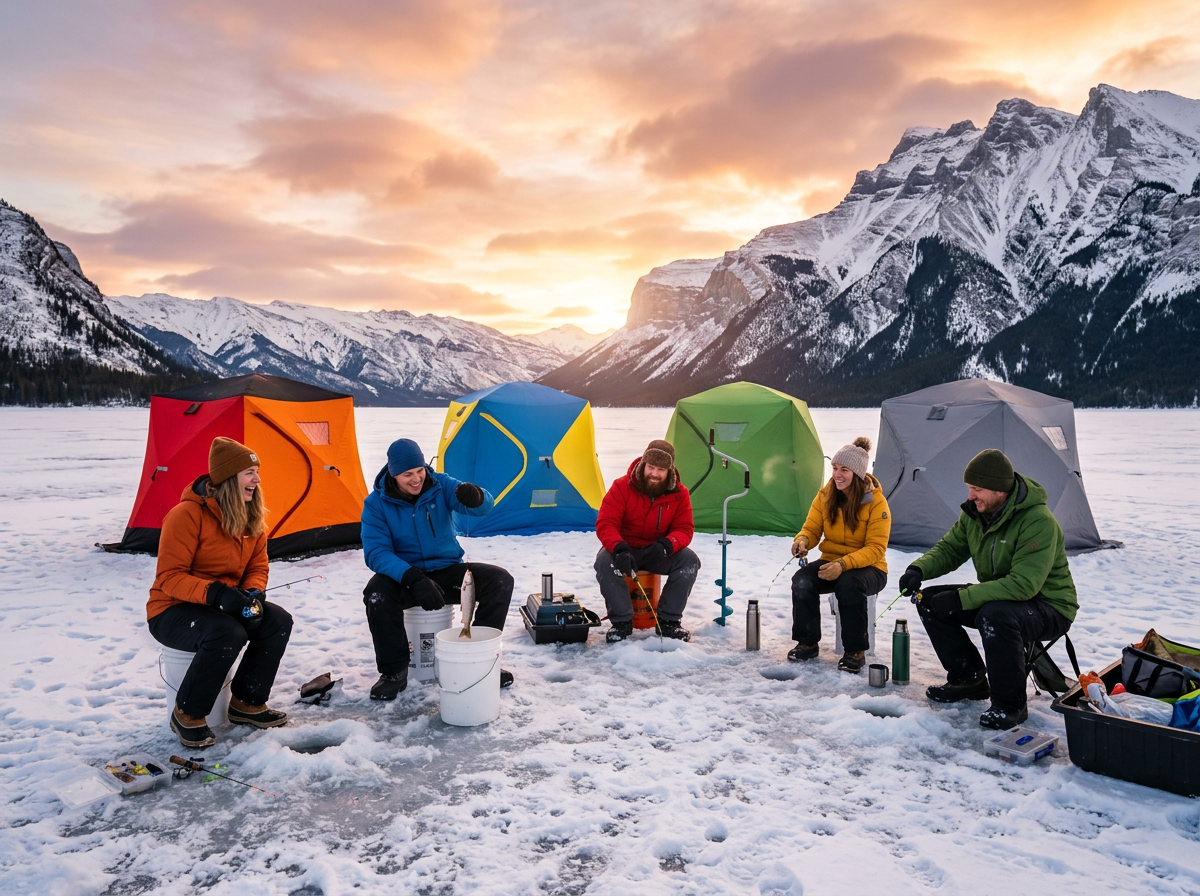 Group of anglers ice fishing on frozen lake