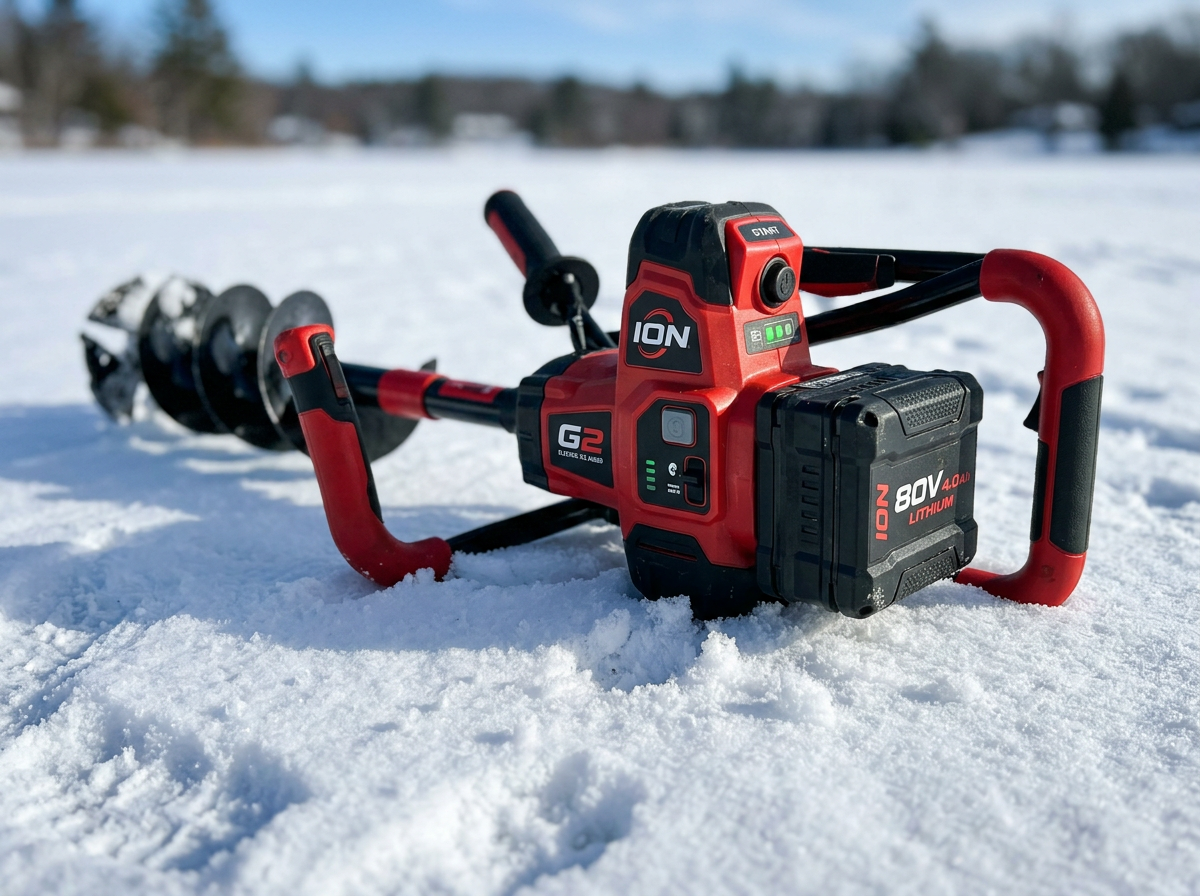 Electric ice auger drill on snow