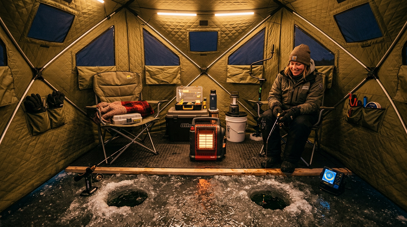 Heated ice fishing shelter interior