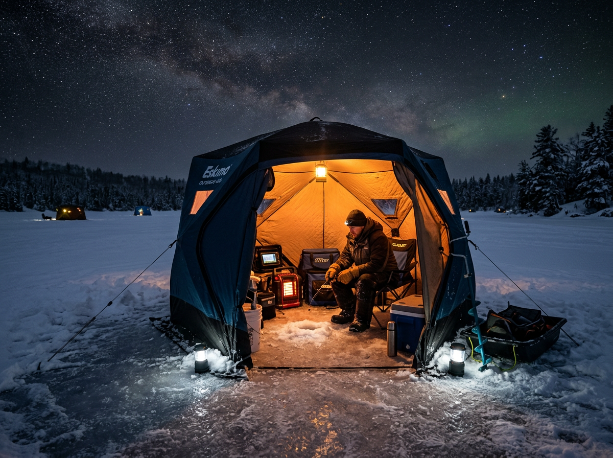 Ice fishing shelter tent on frozen lake at night