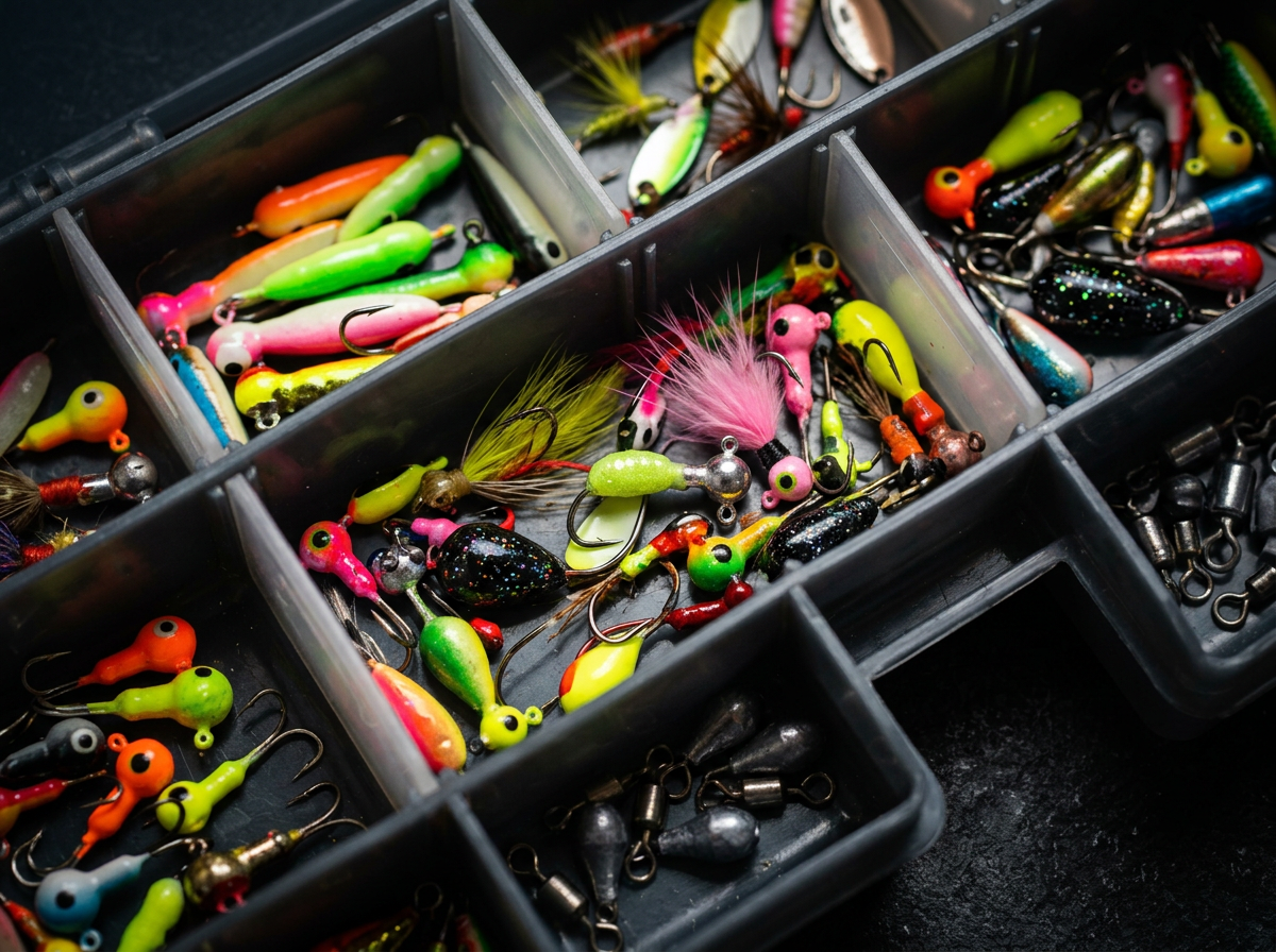 Colorful ice fishing jigs and tackle