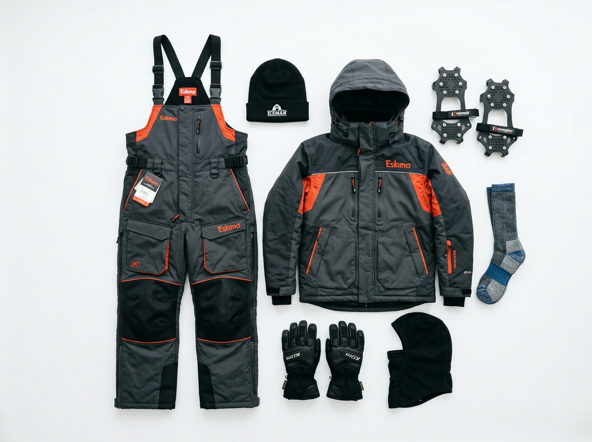 Ice fishing winter clothing and gear